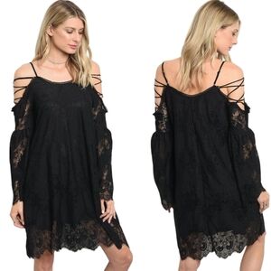 Love Riche Black Strappy Cold Shoulder Lace Boho Shift Dress